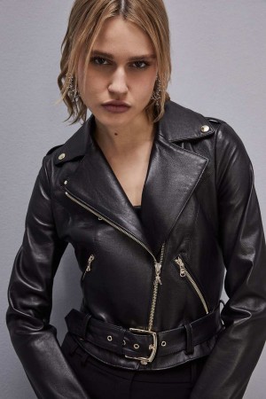 Patrizia Pepe Leather Biker Jacket Mustat | XME304768