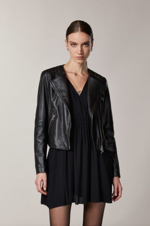 Patrizia Pepe Leather Biker Jacket With Top-stitching Mustat | XSH485623