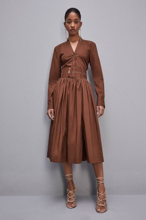 Patrizia Pepe Midi Flared Skirt With Belt Ruskea | YLA728045