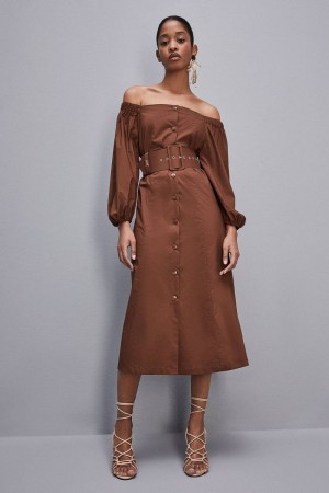 Patrizia Pepe Off-shoulder Dress With Belt Ruskea | TKC506872