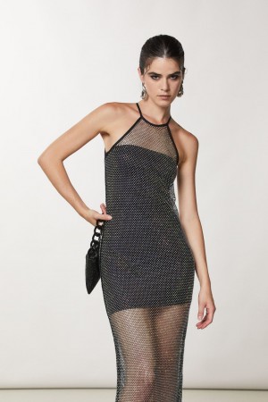 Patrizia Pepe Sleeveless Rhinestone Mesh Dress Mustat | XIA508634