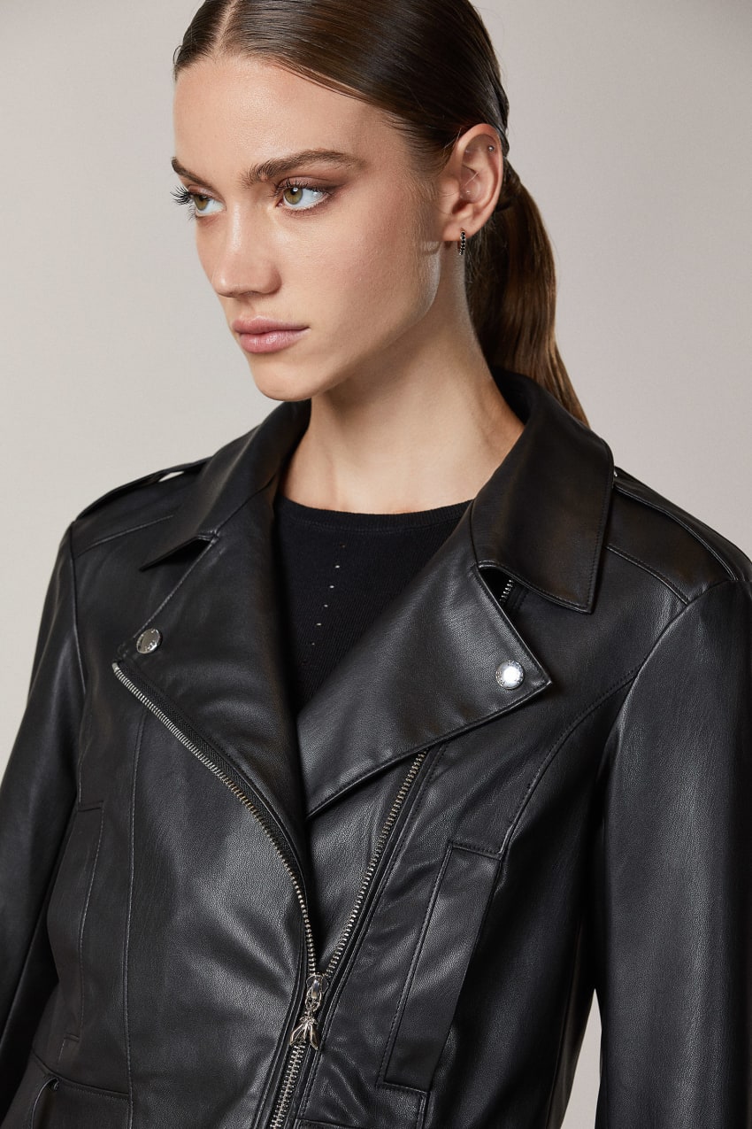 Patrizia Pepe Coated Fabric Biker Jacket Mustat | INA841927