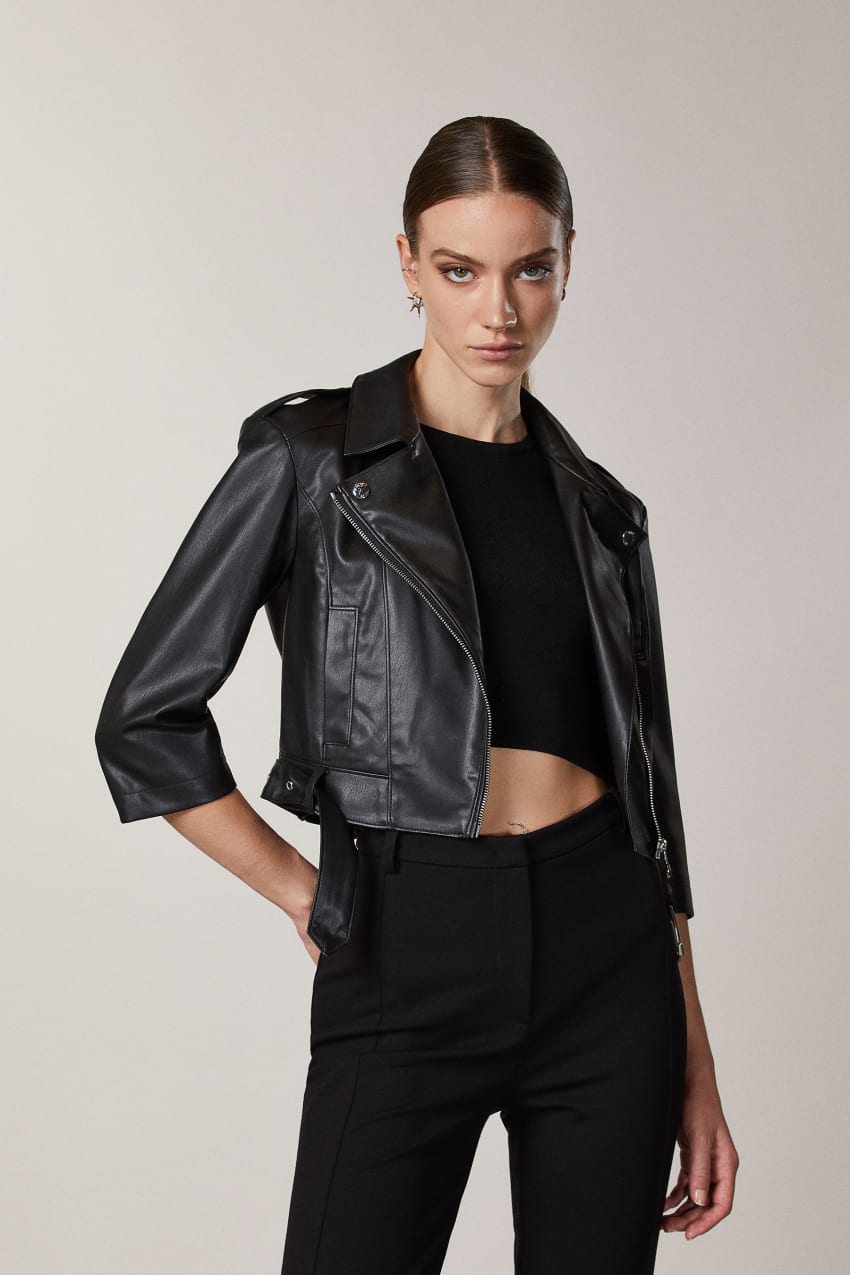 Patrizia Pepe Coated Fabric Biker Jacket Mustat | INA841927