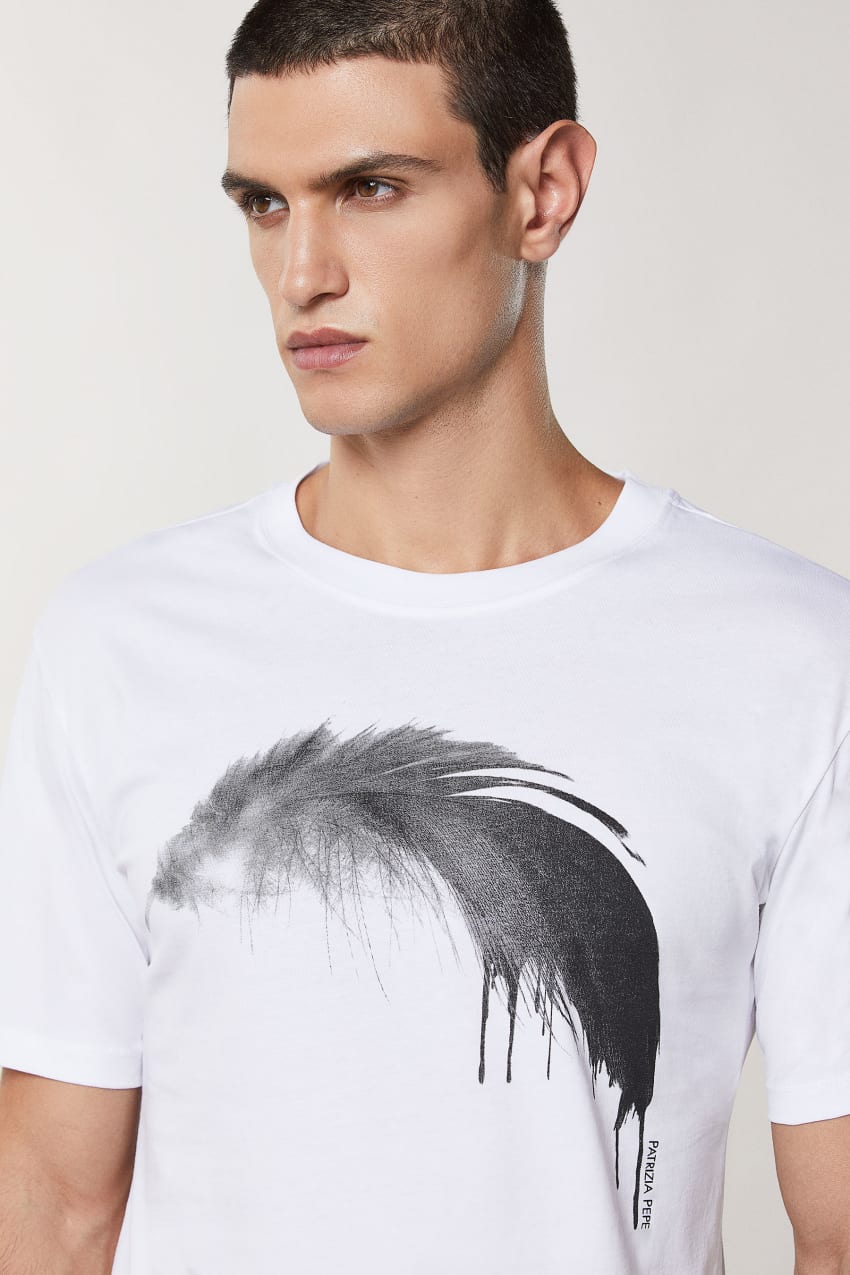 Patrizia Pepe Cotton T-shirt With Feather Print Valkoinen | ZOP734618