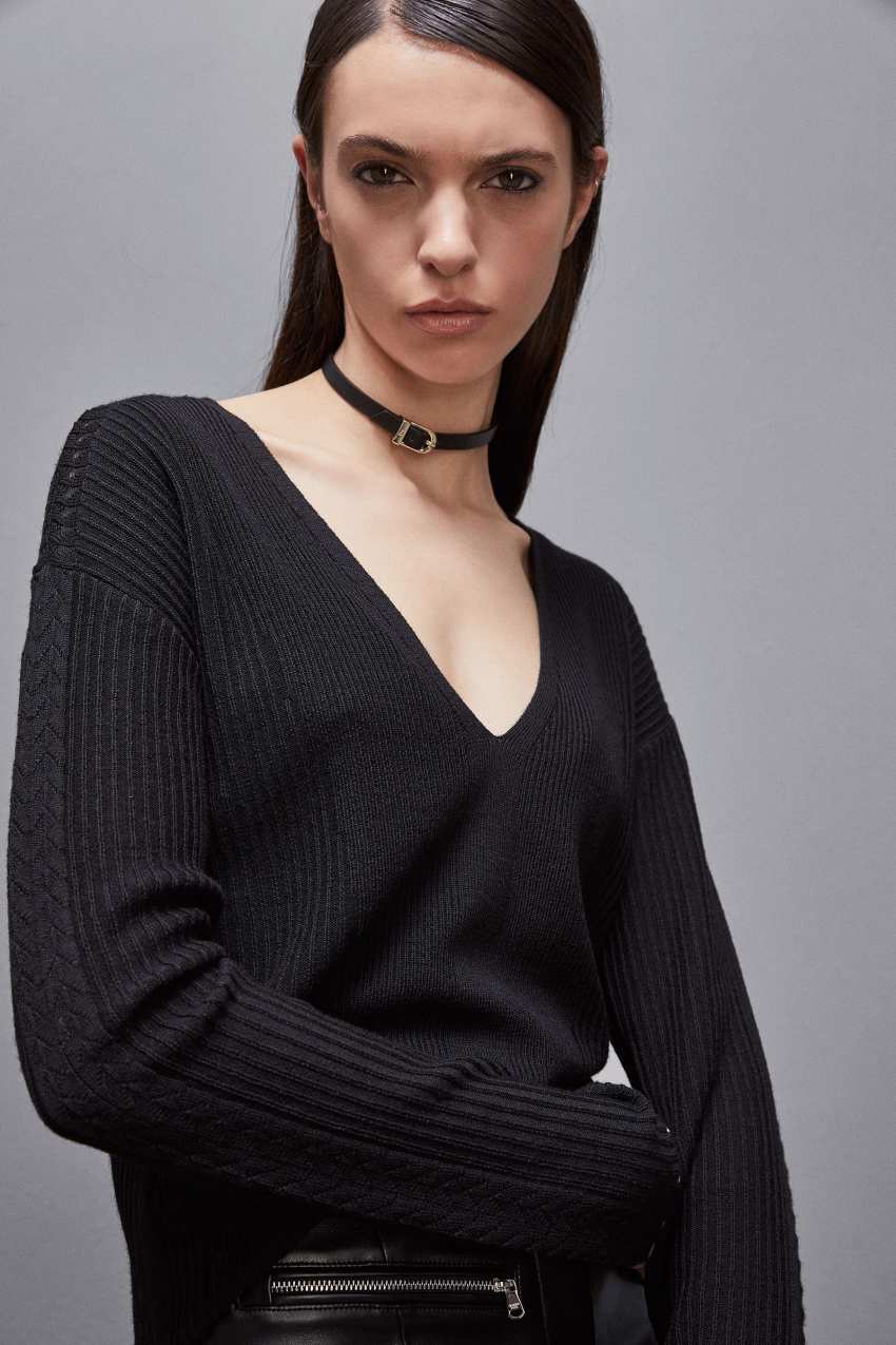 Patrizia Pepe Essential Wool Ribbed Sweater Mustat | ARG718346