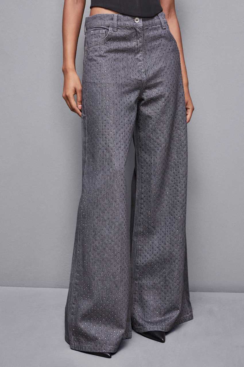 Patrizia Pepe Gray Wide Leg Low-waisted Jeans With Rhinestones Harmaat | ZIB234875