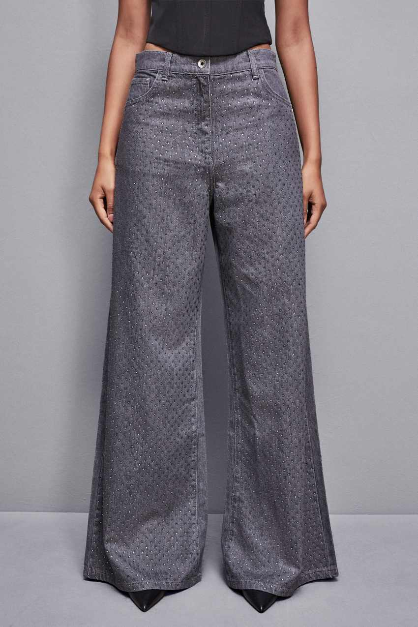 Patrizia Pepe Gray Wide Leg Low-waisted Jeans With Rhinestones Harmaat | ZIB234875