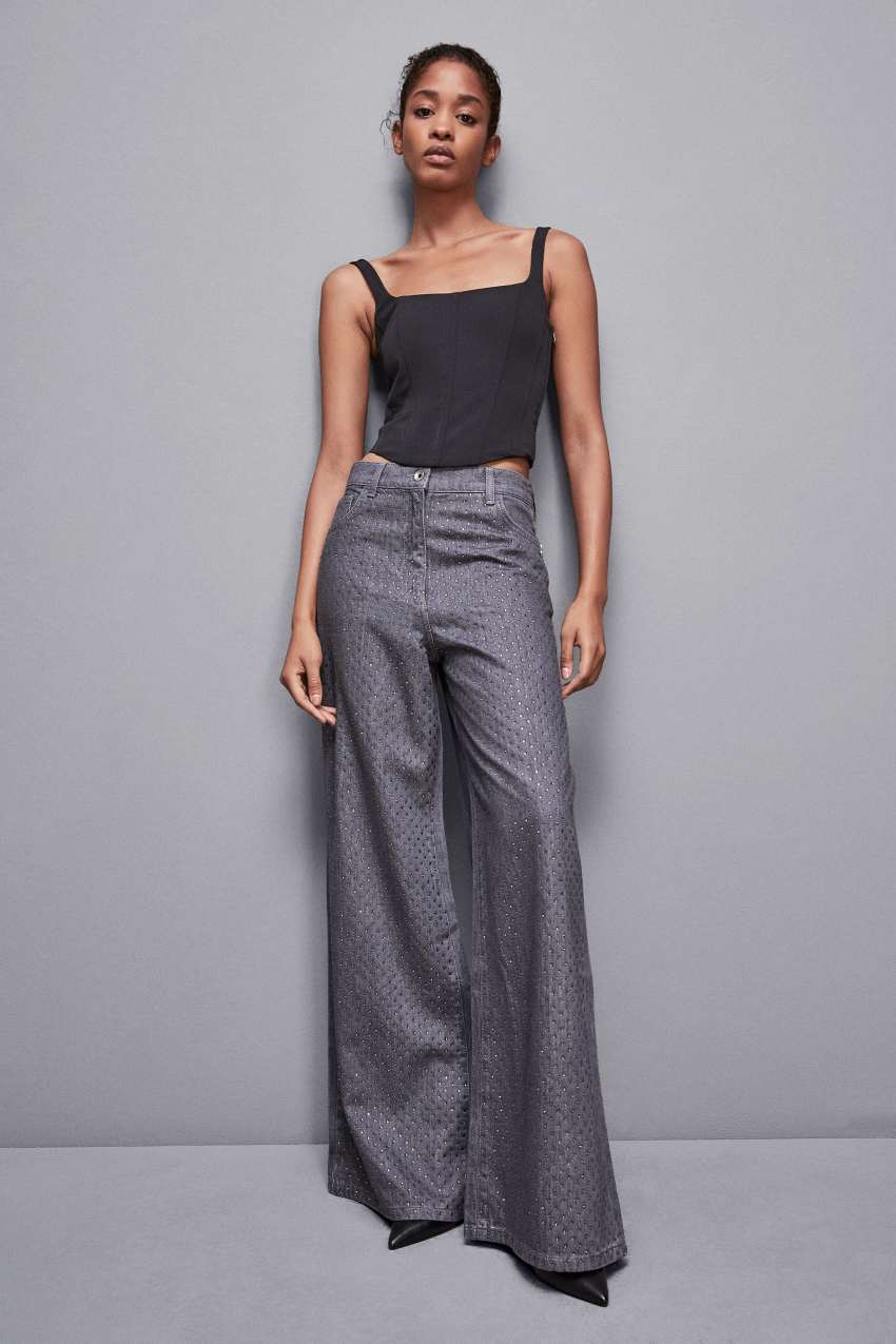 Patrizia Pepe Gray Wide Leg Low-waisted Jeans With Rhinestones Harmaat | ZIB234875