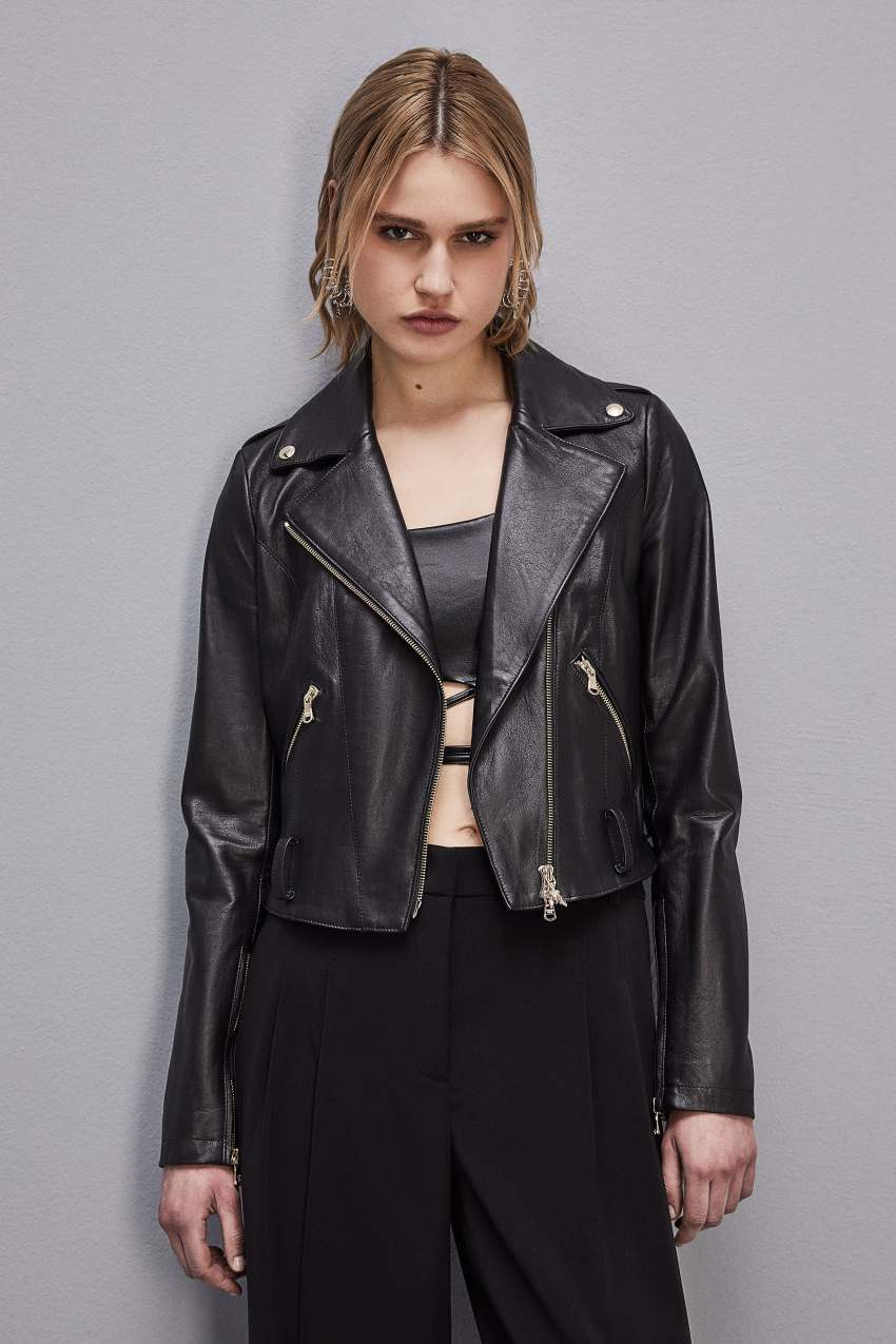 Patrizia Pepe Leather Biker Jacket Mustat | XME304768