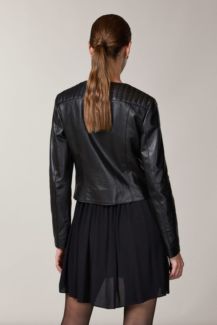 Patrizia Pepe Leather Biker Jacket With Top-stitching Mustat | XSH485623