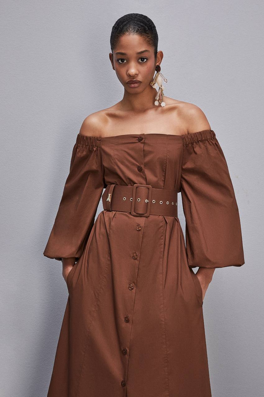 Patrizia Pepe Off-shoulder Dress With Belt Ruskea | TKC506872