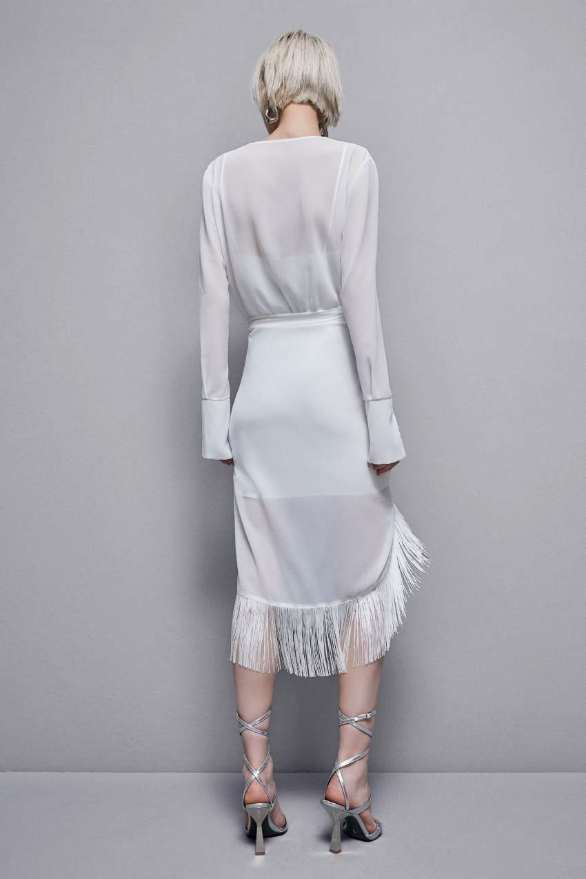 Patrizia Pepe Satin And Georgette Dress With Fringes Valkoinen | ESO148902