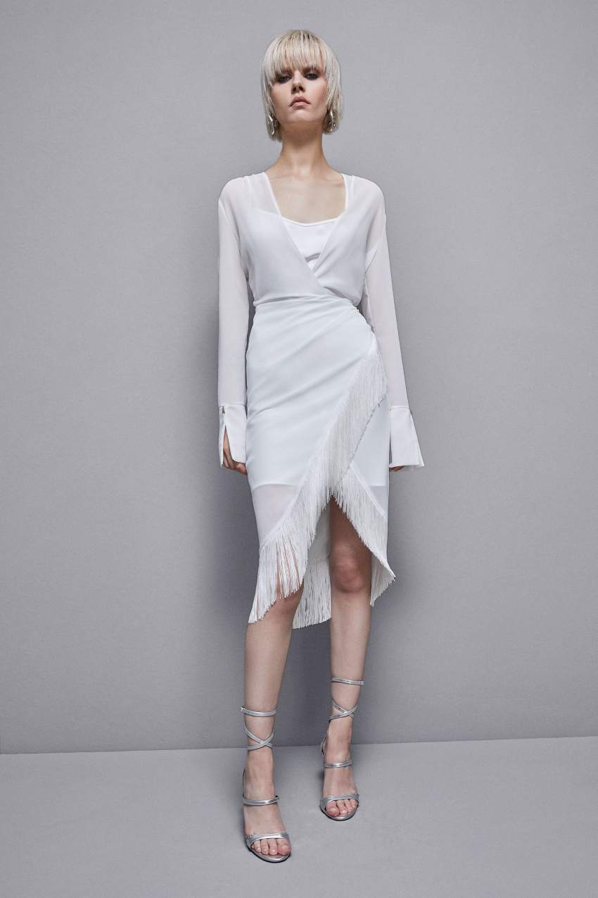 Patrizia Pepe Satin And Georgette Dress With Fringes Valkoinen | ESO148902