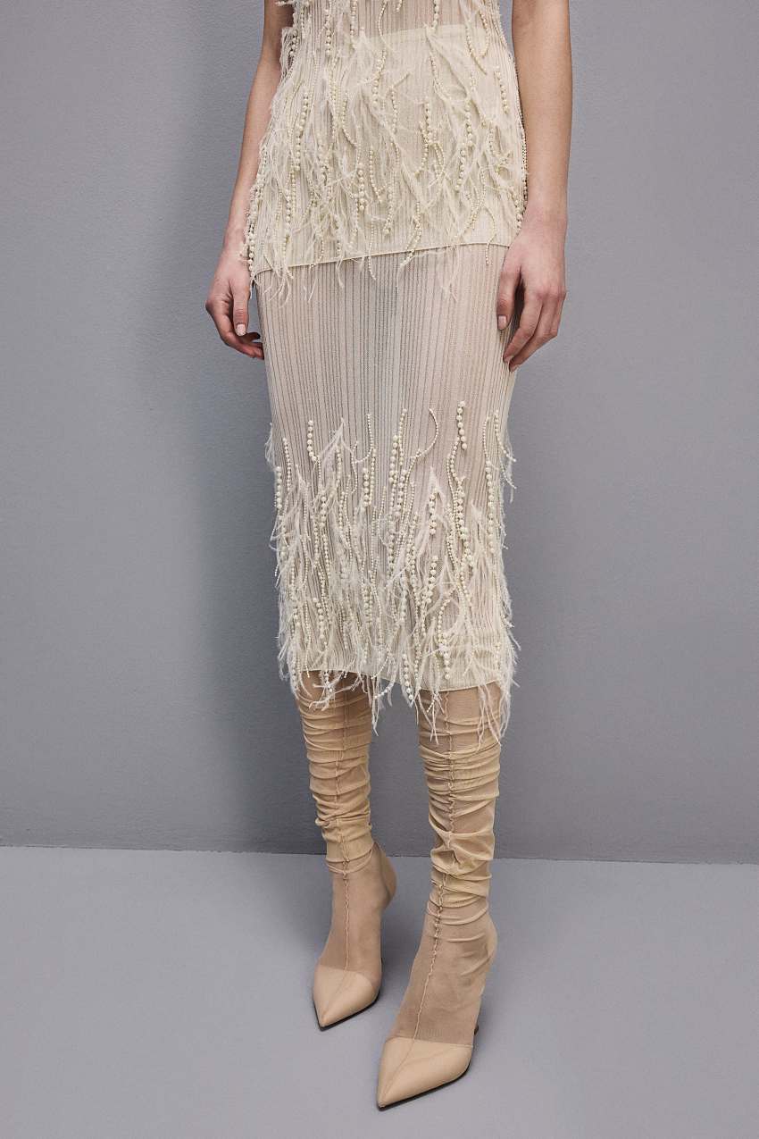 Patrizia Pepe Skirt With Feather And Pearl Embroidery Valkoinen | UVL231459