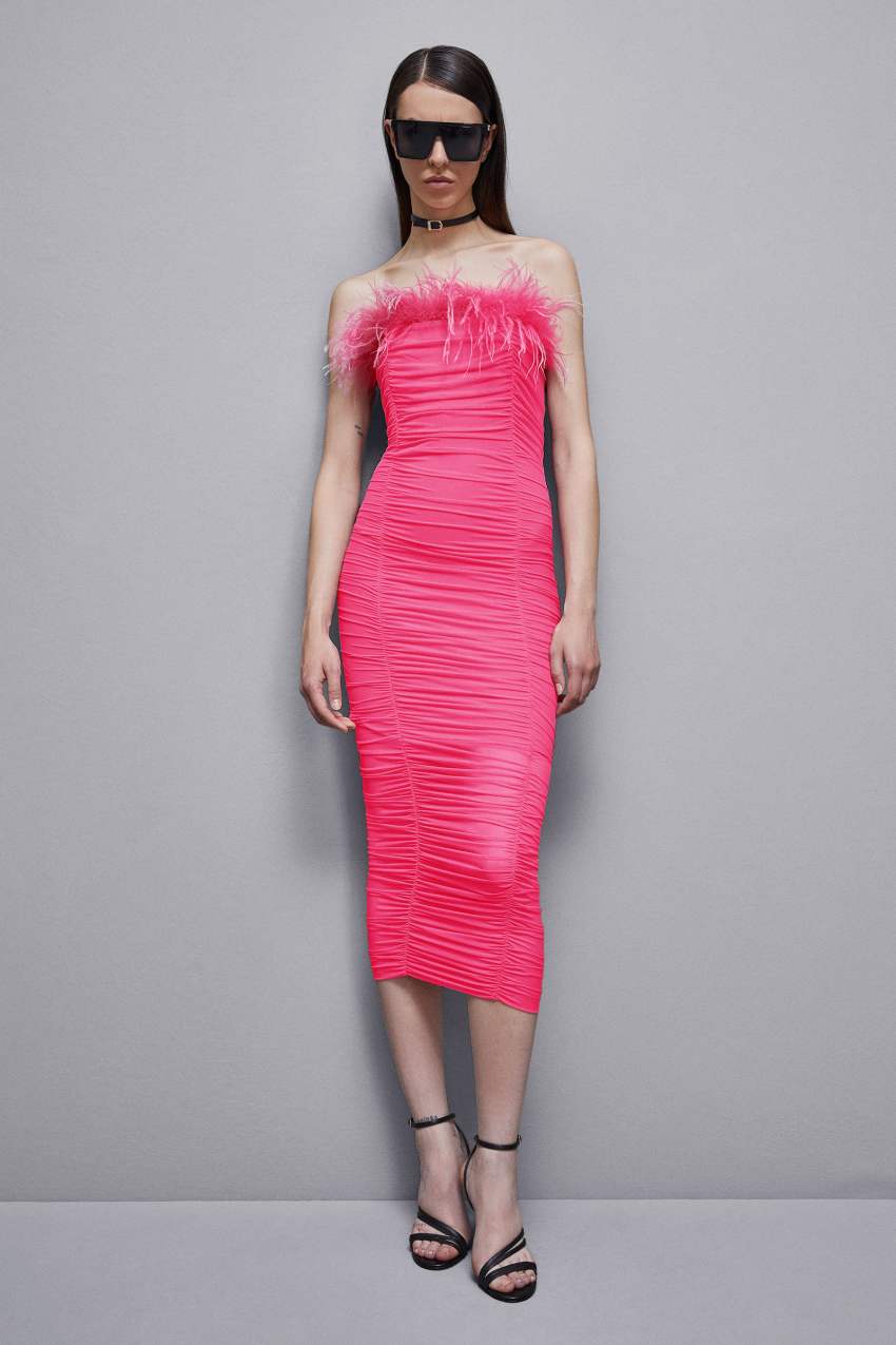 Patrizia Pepe Tulle And Jersey Midi Dress With Feathers Pinkki | QNR832197