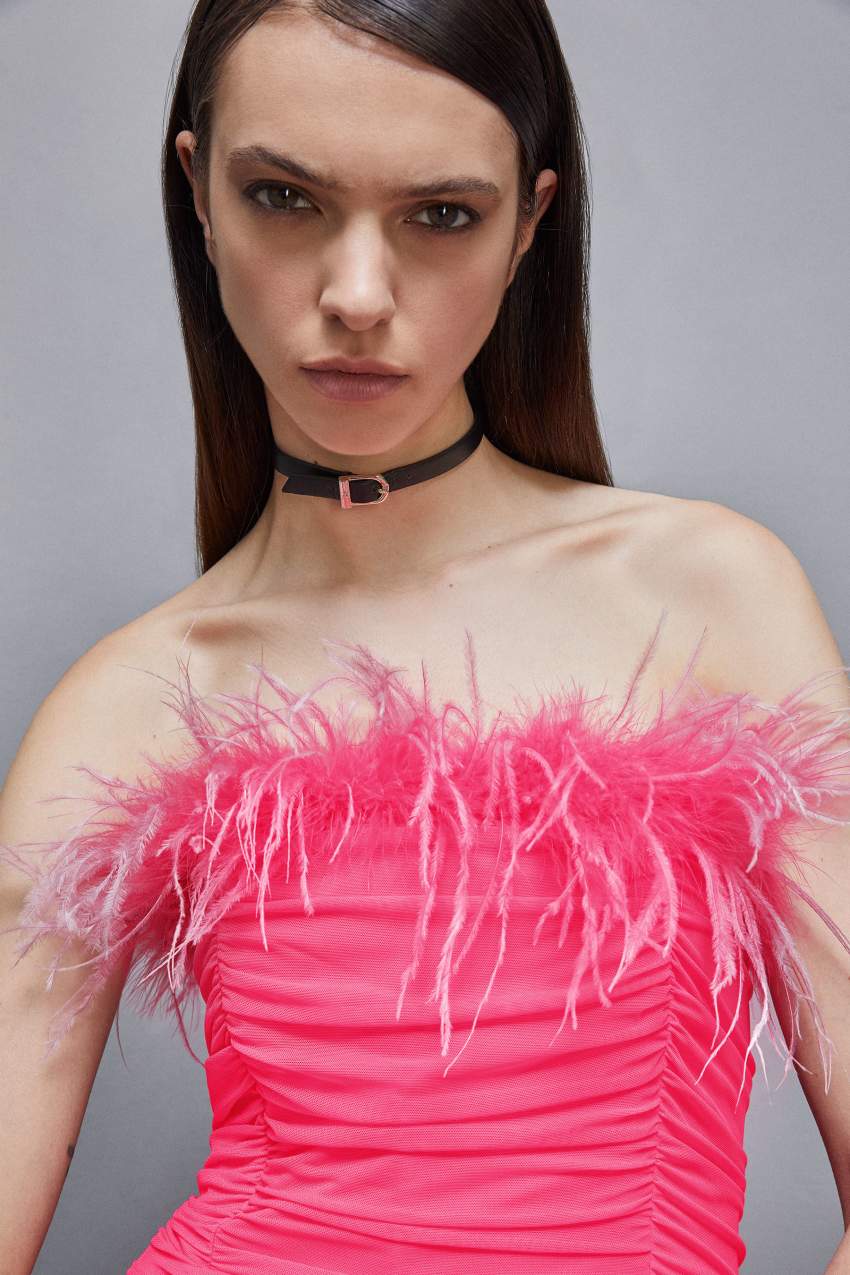 Patrizia Pepe Tulle And Jersey Midi Dress With Feathers Pinkki | QNR832197