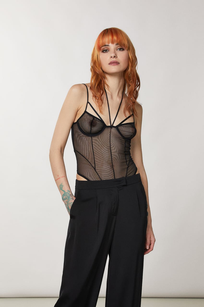 Patrizia Pepe Tulle Bodysuit Mustat | OTZ910634